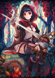 Rule 34 | 1girl, armor, basket, blood, blue hair, boots, cape, flower, forest, gauntlets, hood, hooded cape, leaf, leg armor, little red riding hood, nature, nigoro, original, picnic basket, red cape, red eyes, short hair, sitting, skirt, solo, sword, thighhighs, weapon