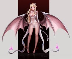 Rule 34 | 1girl, ango, ankkoyom, bad id, bad pixiv id, bat wings, blonde hair, breasts, bridal gauntlets, cleavage, demon girl, demon tail, dress, elbow gloves, fire, full body, gloves, gradient background, grey background, heterochromia, high heels, highres, horns, large breasts, long hair, looking at viewer, original, panties, pointy ears, purple eyes, purple fire, red eyes, reflection, see-through, shiny clothes, shoes, signature, slit pupils, solo, striped, striped background, tail, underwear, vertical stripes, white dress, white footwear, white panties, wings
