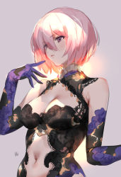Rule 34 | 1girl, absurdres, bare shoulders, black gloves, blush, breasts, cleavage, elbow gloves, fate/grand order, fate (series), gloves, hair over one eye, highres, large breasts, light purple hair, mash kyrielight, navel, parted lips, purple eyes, short hair, solo, yd (orange maru)