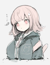 Rule 34 | 1girl, backpack, bag, blunt bangs, breasts, brown eyes, brown hair, closed mouth, collared shirt, cropped torso, danganronpa (series), danganronpa 2: goodbye despair, flipped hair, hair ornament, jacket, large breasts, medium hair, nanami chiaki, neck ribbon, open clothes, open jacket, ribbon, shirokujira, shirt, simple background, solo, translation request, unfinished, white background
