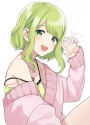 Rule 34 | 1girl, :d, blush, camisole, cardigan, claw pose, commentary, green camisole, green eyes, green hair, highres, jewelry, long sleeves, looking at viewer, morinaka kazaki, nail polish, necklace, nijisanji, off shoulder, open mouth, pink cardigan, pink nails, short hair with long locks, sidelocks, simple background, sitting, smile, solo, thighs, upper body, virtual youtuber, white background, yuama (drop)
