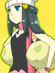 Rule 34 | 1girl, beanie, black shirt, blouse, carrying, carrying under arm, creatures (company), dawn (pokemon), egg, female focus, game freak, hat, lowres, miniskirt, nintendo, oekaki, pokemon, pokemon egg, scarf, shirt, simple background, skirt, solo, yellow background
