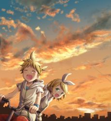 Rule 34 | 1boy, 1girl, :d, bicycle, blonde hair, closed eyes, cloud, cloudy sky, contrail, evening, green eyes, hair ornament, hairband, hairclip, happy, highres, hood, hood down, hoodie, kagamine len, kagamine rin, kikuratama, multiple riders, open mouth, outdoors, pants, riding, short hair, short sleeves, siblings, sidesaddle, sky, smile, sunset, vocaloid, wristband