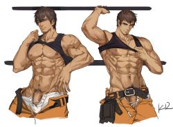 Rule 34 | 2boys, abs, adventurer (ff14), anjingkuxiao, ardbert hylfyst, bara, bare pectorals, belt, black tank top, blue eyes, brown hair, closed mouth, clothes lift, facial hair, final fantasy, final fantasy xiv, highres, large pectorals, lifted by self, looking at viewer, male focus, male pubic hair, male underwear, multiple boys, muscular, muscular male, nipples, open belt, open pants, orange pants, pants, pectorals, penis, penis peek, pubic hair, short hair, stubble, tank top, underwear, warrior of light (ff14), white male underwear