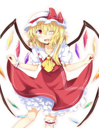 Rule 34 | 1girl, ;d, ascot, asymmetrical hair, asymmetrical wings, blonde hair, bridal garter, chata maru (irori sabou), curtsey, dress, flandre scarlet, hair between eyes, hat, looking at viewer, mob cap, one eye closed, open mouth, puffy short sleeves, puffy sleeves, red dress, red eyes, shirt, short hair, short sleeves, simple background, smile, solo, touhou, white background, white shirt, wings, wrist cuffs