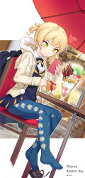 Rule 34 | 1girl, 3:, argyle, argyle clothes, argyle legwear, blonde hair, blue pantyhose, boots, box, braid, cellphone, chair, closed mouth, collared shirt, day, dutch angle, feet, fur trim, gift, gift box, girls&#039; frontline, green eyes, heart, highres, holding, jehyun, outdoors, pantyhose, parfait, phone, shirt, shoes, short hair, single shoe, sitting, smartphone, solo, table, umbrella, unworn boots, v-shaped eyebrows, welrod mkii (girls&#039; frontline), white shirt, wing collar