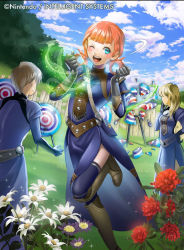 Rule 34 | 1boy, 2girls, annette fantine dominic, blue eyes, blue sky, cloud, company name, copyright name, day, dress, fire emblem, fire emblem: three houses, fire emblem cipher, flower, from behind, gloves, misa tsutsui, multiple girls, nintendo, official art, one eye closed, open mouth, orange hair, outdoors, short hair, sky, thighhighs, twintails