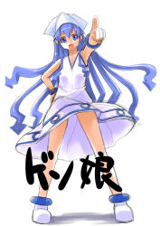 Rule 34 | blue eyes, blue hair, dress, hat, ikamusume, long hair, monchuchu, pointing, shinryaku! ikamusume, solo, tentacle hair