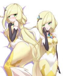 Rule 34 | 1girl, absurdres, ass, blonde hair, blush, commentary, creatures (company), dress, game freak, green eyes, hair ornament, highres, long hair, looking at viewer, lusamine (pokemon), lusamine (sygna suit) (pokemon), lying, multiple views, nintendo, official alternate costume, open mouth, pokemon, pokemon masters ex, solo, white background, zerokun135