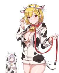 Rule 34 | 2girls, animal ears, as4gi, bikini, bikini under clothes, blonde hair, breasts, collar, cow ears, cow hood, cow horns, cowboy shot, ear tag, earrings, fake animal ears, fake horns, hairband, hand up, highres, holding, holding leash, hololive, hololive indonesia, hood, hooded jacket, horns, jacket, jewelry, kaela kovalskia, large breasts, leash, multiple girls, no pants, o-ring, o-ring bikini, playing with own hair, red collar, red eyes, shirogane noel, short hair, solo focus, swimsuit, thighs, virtual youtuber