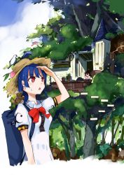 Rule 34 | 1girl, alternate headwear, backpack, bag, blouse, blue hair, bow, commentary request, day, food, fruit, hat, hinanawi tenshi, long hair, peach, puffy short sleeves, puffy sleeves, red bow, red eyes, scenery, shading eyes, shirt, short sleeves, solo, squirrel, standing, straw hat, sweat, tetsurou (fe+), touhou, upper body, white shirt