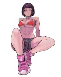 Rule 34 | 1girl, 6maker, abs, absurdres, alternate costume, alternate hair length, alternate hairstyle, bare shoulders, bikini, bikini top only, black hair, blunt bangs, breasts, casual, cleavage, closed mouth, commission, female focus, foreshortening, full body, han juri, highres, knee up, looking at viewer, medium breasts, midriff, multicolored hair, navel, pink footwear, pixiv commission, purple eyes, purple hair, red bikini, shoes, short hair, shorts, simple background, sitting, sneakers, solo, stomach, streaked hair, street fighter, street fighter v, swimsuit, thighs, toned, underboob, white background
