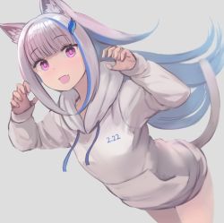 Rule 34 | 1girl, alternate costume, animal ear fluff, animal ears, blue hair, blunt bangs, breasts, cat day, cat ears, cat girl, cat tail, cowboy shot, enumiyaa, fang, grey background, hair ornament, hood, hoodie, kemonomimi mode, lize helesta, long hair, looking at viewer, medium breasts, multicolored hair, nijisanji, no pants, open mouth, paw pose, pink eyes, silver hair, simple background, skin fang, smile, solo, standing, straight hair, sweater, tail, thighs, two-tone hair, virtual youtuber, white sweater