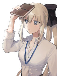 Rule 34 | 1girl, absurdres, alternate costume, black bow, blue eyes, book, bow, braid, closed mouth, collarbone, collared shirt, contemporary, ddukbaegihunt, fate/grand order, fate (series), french braid, hair between eyes, hair bow, highres, holding, holding book, id card, long hair, looking away, morgan le fay (chaldea satellite station) (fate), morgan le fay (fate), office lady, platinum blonde hair, ponytail, shirt, sidelocks, sleeves rolled up, solo, sunlight, sweat, upper body, very long hair, white background, white shirt, wing collar