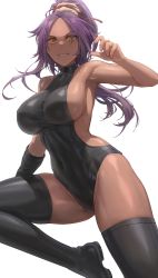 Rule 34 | 1girl, absurdres, armpits, backless leotard, black footwear, black leotard, black thighhighs, bleach, boots, breasts, covered navel, dark-skinned female, dark skin, forehead, free style (yohan1754), grin, highleg, highleg leotard, highres, large breasts, leotard, long hair, looking at viewer, parted bangs, ponytail, purple hair, shihouin yoruichi, sideboob, sidelocks, simple background, smile, solo, thigh boots, thighhighs, thighs, white background, yellow eyes