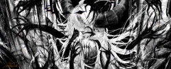 Rule 34 | 1girl, absurdres, black theme, commentary request, cracked skin, demon horns, ear piercing, eyes visible through hair, from side, greyscale, hair flowing over, highres, hololive, horns, horror (theme), huge horns, la+ darknesss, long hair, looking at viewer, monochrome, piercing, pointy ears, rainshower0705, slit pupils, spot color, striped horns, tagme, very long hair, virtual youtuber, yellow eyes