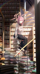 Rule 34 | 1girl, absurdres, alternate costume, aru (blue archive), bespectacled, black pants, blue archive, blunt bangs, blurry, book, book stack, bookshelf, casual, commentary request, depth of field, glasses, halo, highres, indoors, library, long hair, long sleeves, looking at viewer, orange eyes, pants, petals, pink hair, ryeon (bluetom1), sidelocks, sitting, solo, stairs
