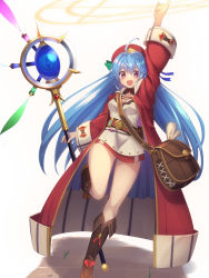 Rule 34 | 1girl, :d, ahoge, arm up, bag, blue hair, blush, boots, breasts, brown footwear, cleavage, cleavage cutout, clothing cutout, coat, dress, hair between eyes, hair intakes, hat, holding, holding staff, knee boots, long hair, long sleeves, magic circle, medium breasts, open clothes, open coat, open mouth, original, red coat, red eyes, red hat, short dress, shoulder bag, simple background, smile, solo, staff, standing, standing on one leg, very long hair, white background, white dress, wide sleeves, yukichin