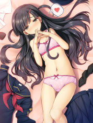 Rule 34 | 1girl, bare arms, bare shoulders, black hair, blush, bow, bow bra, bow panties, bra, chima q, unworn clothes, commentary request, fingers together, flat chest, from above, hair ornament, hair spread out, hairclip, hand to own mouth, heart, highres, long hair, looking at viewer, looking up, lying, navel, on back, original, panties, pink bra, pink panties, school uniform, unworn shirt, skirt, unworn skirt, smile, solo, spoken heart, steepled fingers, thigh gap, underwear, underwear only, yellow eyes
