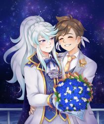 Rule 34 | 2boys, ascot, bandai namco, blue flower, bouquet, brown hair, chanpotei, closed eyes, closed mouth, collar, eyebrows, eyelashes, feathers, flower, formal, grey hair, hair between eyes, happy, high ponytail, highres, holding, holding bouquet, long hair, looking at another, male focus, mikleo (tales), multiple boys, night, parted lips, ponytail, purple eyes, shiny skin, shirt, short hair, sky, smile, sorey (tales), standing, star (sky), starry sky, suit, tales of (series), tales of zestiria, teeth, vest, wedding, white flower, white shirt, wing collar, yaoi