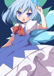 Rule 34 | 1girl, 9law, :o, bad id, bad pixiv id, blue dress, blue eyes, blue hair, bow, bowtie, cirno, dress, hair bow, index finger raised, looking at viewer, matching hair/eyes, open mouth, pointing, pointing up, purple eyes, short hair, solo, sparkle, touhou, tsurime, wings