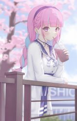 Rule 34 | 1girl, ahoge, blue hair, blue hairband, blue sailor collar, blue skirt, blunt bangs, braid, cup, drinking straw, drinking straw in mouth, hairband, highres, holding, holding cup, hololive, jacket, minato aqua, minato aqua (sailor), multicolored hair, open clothes, open jacket, pink hair, purple eyes, sailor collar, shirt, skirt, solo, twin braids, twintails, two-tone hair, virtual youtuber, white jacket, white shirt, yihsien