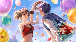 Rule 34 | 1boy, 1girl, armpit crease, arms up, backlighting, balloon, bare arms, bare shoulders, black bra, black wrist cuffs, blue coat, blue hair, blue scarf, blue sky, bouquet, bra, breasts, brown eyes, brown hair, cleavage, closed eyes, coat, commentary request, confetti, crop top, dark blue hair, day, floating hair, flower, from side, half-closed eyes, happy, head wreath, holding, holding bouquet, holding wreath, kaito (vocaloid), kaito (vocaloid3), kyashii (a3yu9mi), lace, lace-trimmed bra, lace trim, lapels, lens flare, light blush, light particles, looking at another, medium breasts, meiko (vocaloid), meiko (vocaloid3), midriff, motion blur, multicolored coat, navel, open mouth, outdoors, petals, pink flower, profile, red flower, red rose, rose, rose petals, scarf, short hair, sky, smile, standing, sunlight, two-tone coat, underwear, upper body, vocaloid, white coat, white flower, white rose, wrist cuffs