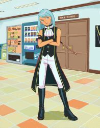 Rule 34 | 1girl, 23011620x, ace attorney, ace attorney investigations, ascot, black footwear, black gloves, black vest, blue eyes, blue hair, boots, closed mouth, crossed arms, door, franziska von karma, full body, gem, gloves, hallway, highres, holding, indoors, knee boots, long hair, looking to the side, mole, mole under eye, pants, solo, standing, tile floor, tiles, vending machine, vest, white pants