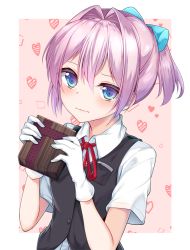 Rule 34 | 1girl, black vest, blue eyes, blush, box, breast pocket, buttons, commentary request, gift, gift box, gloves, hair between eyes, hair intakes, heart, hikobae, holding, holding gift, kantai collection, neck ribbon, pink hair, pocket, ponytail, red ribbon, ribbon, shiranui (kancolle), shirt, short hair, short sleeves, solo, upper body, valentine, vest, wavy mouth, white gloves, white shirt