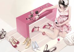 Rule 34 | 1girl, artist request, bracelet, dress, closed eyes, female focus, heart, high heels, indoors, jewelry, makeup, open shoes, shoes, short hair, solo, source request