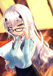 Rule 34 | 1girl, absurdres, asobeco, backlighting, black skirt, blush, breasts, center frills, collared shirt, dress shirt, melusine (fate), fate/grand order, fate (series), forked eyebrows, frills, glasses, highres, jewelry, long hair, long sleeves, looking at viewer, neck ring, shirt, sidelocks, skirt, small breasts, smile, solo, white hair, white shirt, yellow eyes