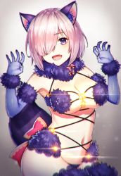 Rule 34 | 1girl, :d, animal ears, armpits, bare shoulders, black nails, blue gloves, blurry, breasts, commentary request, elbow gloves, fang, fate/grand order, fate (series), fur collar, fur trim, glint, gloves, hair over one eye, highres, large breasts, looking at viewer, mash kyrielight, mash kyrielight (dangerous beast), nail polish, navel, official alternate costume, one eye covered, open mouth, pink hair, revealing clothes, smile, solo, upper body, yasuda takashi