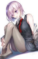 Rule 34 | 1girl, ao+beni, arm at side, ass, black dress, breasts, crossed ankles, dated, dress, dutch angle, eyes visible through hair, fate/grand order, fate (series), grey pantyhose, highres, hood, hoodie, lips, looking at viewer, mash kyrielight, medium breasts, necktie, off shoulder, pantyhose, parted lips, pink hair, purple eyes, short dress, short hair, sitting, solo