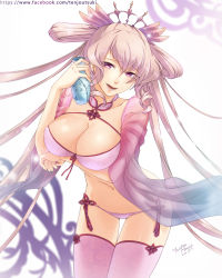 Rule 34 | 1girl, aqua nails, arched back, arms at sides, bra, breasts, cleavage, collarbone, cowboy shot, cup, dong zhuo, flask, front-tie top, genderswap, genderswap (mtf), hair between eyes, hand up, highres, holding, holding cup, large breasts, leaning forward, light brown hair, long hair, looking at viewer, nail polish, navel, open mouth, original, panties, pink bra, pink panties, pink thighhighs, purple eyes, see-through, side-tie panties, smile, solo, teeth, tenjou tsuki, thighhighs, thighs, underwear, very long hair, watermark, web address