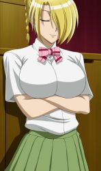 Rule 34 | 1girl, beelzebub (manga), blonde hair, braid, breast hold, breasts, crossed arms, closed eyes, female focus, hair over one eye, highres, hilda (beelzebub), large breasts, screencap, short hair, smile, solo, standing, stitched, third-party edit