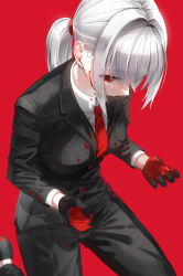 Rule 34 | 1girl, black jacket, black suit, blood, blood on clothes, blood on face, blouse, blush, breast pocket, breasts, collared shirt, commentary request, earrings, formal, from above, gloves, hair intakes, highres, jacket, jewelry, kfr, large breasts, long hair, long sleeves, looking at viewer, looking down, necktie, original, pocket, red background, red eyes, red gloves, red necktie, shirt, simple background, solo, suit, white hair, white shirt