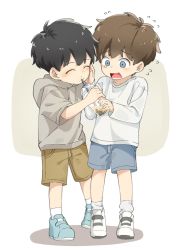 Rule 34 | 2boys, black hair, blue eyes, brown hair, bubble tea, child, closed eyes, commentary, drinking, highres, male focus, multiple boys, original, phamquo35059479, pushing away, short hair, shorts, simple background, sketch, theft, worried