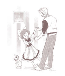 Rule 34 | 1boy, 1girl, ^ ^, aged down, barefoot, bioshock, bioshock (series), bioshock infinite, blouse, booker dewitt, bow, child, closed eyes, dog, dress, elizabeth (bioshock infinite), facial hair, framed, good end, greyscale, hair bow, hand grab, happy, holding hands, monochrome, open mouth, pants, picture frame, puffy short sleeves, puffy sleeves, ribbon, shirt, shoes, short hair, short sleeves, skirt, smile, spoilers, striped background, striped clothes, striped pants, stubble, tongue, tongue out, watermark, web address