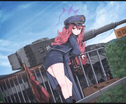 Rule 34 | 1girl, absurdres, blue archive, flag, grey eyes, halo, highres, iroha (blue archive), long hair, looking at viewer, looking back, military, military vehicle, motor vehicle, red hair, school uniform, tank, thighs, tiger i, treeman