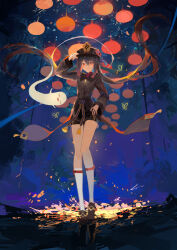 Rule 34 | 1girl, absurdres, arm up, black hat, black nails, black shorts, boo tao (genshin impact), brown coat, brown footwear, brown hair, closed mouth, coat, coattails, collared coat, commentary request, flower, full body, genshin impact, ghost, hand on headwear, hat, hat flower, highres, hu tao (genshin impact), ichika (ichika87), jewelry, kneehighs, long hair, long sleeves, looking at viewer, making-of available, multiple rings, night, plum blossoms, porkpie hat, red eyes, ring, shorts, socks, solo, tailcoat, very long hair, white socks