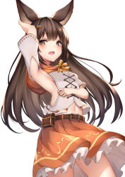 Rule 34 | 1girl, animal ears, arm up, armpits, aster (granblue fantasy), bag, belt, belt buckle, blush, breasts, brown belt, brown eyes, brown hair, brown skirt, buckle, clothing cutout, commentary request, erune, granblue fantasy, hair between eyes, hair ornament, hairclip, highres, long hair, looking at viewer, navel, open mouth, satchel, shirt, short sleeves, side cutout, sidelocks, simple background, skirt, small breasts, solo, very long hair, white background, white shirt, ym (distance819)