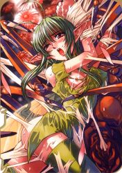 Rule 34 | 1girl, antenna hair, blush, bug, comic megastore, green hair, green thighhighs, long hair, monster, nipples, non-web source, open mouth, pointy ears, red eyes, restrained, scan, solo, sonobe kazuaki, spider, sweat, thighhighs, torn clothes