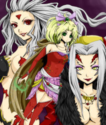 Rule 34 | 1990s (style), 3girls, blonde hair, breasts, cape, cleavage, cloud of darkness, dissidia final fantasy, final fantasy, final fantasy iii, final fantasy vi, final fantasy viii, gloves, green eyes, grey hair, headdress, kasetsu, long hair, multiple girls, pasties, ponytail, purple ribbon, red eyes, ribbon, sash, thighhighs, tina branford, ultimecia, witch, yellow eyes