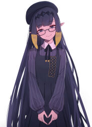 Rule 34 | 1girl, artist name, beret, black dress, black hairband, black hat, black ribbon, blonde hair, closed mouth, colored tips, cowboy shot, diamond hairband, dress, glasses, hairband, hat, head tilt, heart, heart hands, hololive, hololive english, long hair, long sleeves, looking at viewer, looking over eyewear, malvar, multicolored hair, neck ribbon, ninomae ina&#039;nis, ninomae ina&#039;nis (casual), official alternate costume, orange hair, pointy ears, puffy sleeves, purple eyes, purple hair, purple shirt, ribbon, shirt, sidelocks, simple background, smile, solo, standing, tentacle hair, very long hair, virtual youtuber, white background