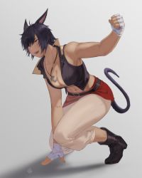 Rule 34 | 1girl, abs, animal ears, artist name, black hair, breasts, cat ears, cat girl, cat tail, highres, hunyan, jewelry, large breasts, navel, original, pendant, smile, solo, tail, yellow eyes