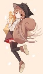 Rule 34 | 1girl, animal ears, animal hat, bag, baguette, black hat, black thighhighs, blush, boots, bread, brown background, brown dress, brown eyes, brown footwear, brown hair, cabbie hat, closed mouth, commentary request, dress, fake animal ears, fake tail, food, hat, hugging object, long hair, long sleeves, looking at viewer, looking to the side, low twintails, original, paper bag, plaid, plaid skirt, pleated skirt, red skirt, shirt, shoe soles, skirt, sleeveless, sleeveless dress, solo, squirrel girl (yuuhagi (amaretto-no-natsu)), squirrel tail, tail, thighhighs, thighhighs under boots, twintails, very long hair, white shirt, yuuhagi (amaretto-no-natsu)