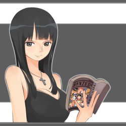 Rule 34 | 1girl, bare arms, black eyes, black hair, blunt bangs, book, border, bowler hat, bran, breasts, chikachan, cleavage, cross, cross necklace, flare (monsters), fourth wall, gil bastar, grey background, grey border, grey outline, gukou, gun, hair over shoulder, hat, holding, holding book, holding manga, ikki yako, jewelry, large breasts, long hair, looking at viewer, lowres, manga (object), matching hair/eyes, meta, monkey d. luffy, necklace, nico robin, nose, one piece, open book, outline, portrait, reading, ryuuma, smile, solo, tsurime, two-tone background, wanted!, weapon, white background