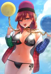 Rule 34 | 1girl, :d, adapted costume, bare shoulders, bikini, black bikini, breasts, chain, cleavage, cloud, collar, cowboy shot, day, earrings, earth (ornament), eyebrows hidden by hair, gluteal fold, gold chain, hair behind ear, hands up, hecatia lapislazuli, highres, jacket, jewelry, ke-su, large breasts, long hair, looking at viewer, moon (ornament), navel, off shoulder, open clothes, open jacket, open mouth, outdoors, plaid, plaid jacket, purple eyes, red hair, side-tie bikini bottom, smile, solo, swimsuit, touhou