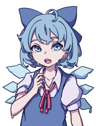 Rule 34 | 1girl, absurdres, ahoge, blue bow, blue dress, blue eyes, blue hair, bow, cirno, collared shirt, dress, hair bow, highres, kame (kamepan44231), looking at viewer, melting, neck ribbon, one-hour drawing challenge, open mouth, pinafore dress, red ribbon, ribbon, shirt, short hair, short sleeves, simple background, sleeveless dress, solo, touhou, upper body, white background, white shirt