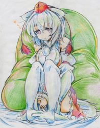 Rule 34 | 1girl, animal ears, bad id, bad pixiv id, bare shoulders, blush, breasts, colored pencil (medium), detached sleeves, female focus, hat, highres, inubashiri momiji, kitazinger, large breasts, looking at viewer, red eyes, short hair, sitting, skirt, solo, tail, thighhighs, tokin hat, touhou, traditional media, white hair, white thighhighs, wolf ears, wolf tail